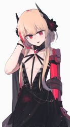 Rule 34 | 1girl, bare shoulders, black dress, blonde hair, breasts, dress, dress flower, flower, girls&#039; frontline, hair flower, hair ornament, hand in own hair, highres, hinami047, holding, holding clothes, holding dress, long hair, looking at viewer, m4 sopmod ii (devourer of the feast) (girls&#039; frontline), m4 sopmod ii (girls&#039; frontline), mechanical arms, multicolored hair, open mouth, red eyes, single mechanical arm, small breasts, solo, standing, white background