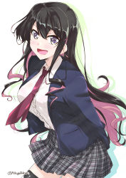 Rule 34 | 1girl, alternate costume, black hair, black thighhighs, blue jacket, breasts, jacket, kantai collection, large breasts, long hair, looking at viewer, mikage takashi, multicolored hair, naganami (kancolle), necktie, open mouth, pink hair, plaid, plaid skirt, pleated skirt, purple necktie, shirt, sidelocks, simple background, skirt, solo, thighhighs, two-tone hair, white background, white shirt, yellow eyes