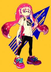 Rule 34 | 1girl, arrow (symbol), determined, english text, frown, inkling, inkling girl, inkling player character, leggings, long hair, looking at viewer, nintendo, pigeon666, pink eyes, pink hair, shirt, shoes, simple background, sneakers, solo, splatoon (series), t-shirt