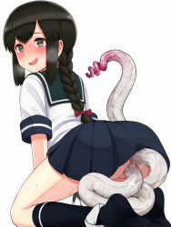 Rule 34 | 1girl, 1other, anal, ass, black hair, black socks, blue skirt, blush, braid, breath, brown eyes, clothes lift, commentary request, consensual tentacles, double penetration, enemy naval mine (kancolle), feet, heart, heart-shaped pupils, heavy breathing, highres, isonami (kancolle), kantai collection, kneehighs, kneeling, leaning forward, lifting another&#039;s clothes, long hair, low twintails, no shoes, open mouth, panties, panties around leg, presenting, pussy, shirt, short sleeves, simple background, skirt, skirt lift, smile, socks, soles, solo, symbol-shaped pupils, tentacle sex, tentacles, thighs, tussy, twin braids, twintails, underwear, vaginal, white background, white panties, white shirt