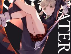 Rule 34 | 1girl, blonde hair, caddy cyd, cardigan, collared shirt, copyright name, english text, falling, gloves, green eyes, holding, holding scythe, maka albarn, necktie, plaid, plaid skirt, scythe, shirt, skirt, sleeve cuffs, solo, soul eater, striped necktie, twintails, weapon