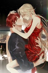 Rule 34 | 1boy, 1girl, bare shoulders, black shirt, blonde hair, collared shirt, colored eyelashes, dress, expressionless, face-to-face, hand on another&#039;s head, head hug, hetero, highres, korean commentary, long hair, on lap, original, red dress, red eyes, red hair, shirt, short hair, sleeves rolled up, volff