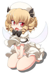 Rule 34 | 1girl, :&lt;, :o, bare legs, barefoot, blonde hair, blush, bow, bowtie, drill hair, eastern and little nature deity, embarrassed, fairy wings, female focus, full body, hat, luna child, mamo williams, panties, red eyes, short hair, simple background, solo, squatting, touhou, touhou sangetsusei, underwear, wings