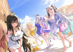 Rule 34 | 5girls, :d, arm up, azur lane, bag, bangle, bare shoulders, bird, black hair, blonde hair, blue dress, blue eyes, bow, bracelet, breasts, chick, cleavage, day, dress, formidable (azur lane), green eyes, hair bow, hair ornament, hand on own thigh, hand up, hat, high heels, highres, holding, illustrious (azur lane), indomitable (azur lane), jacket, jewelry, large breasts, laurel crown, leaning forward, long hair, long sleeves, looking at viewer, low twintails, manjuu (azur lane), multiple girls, necklace, off-shoulder dress, off shoulder, open clothes, open jacket, open mouth, outdoors, pdxen, purple dress, purple hair, purple jacket, red eyes, shopping bag, short dress, shoulder bag, side slit, sleeveless, sleeveless dress, smile, standing, sun hat, sundress, thighs, twintails, unicorn (azur lane), very long hair, victorious (azur lane), watch, white dress, white hair, wristwatch, yellow dress