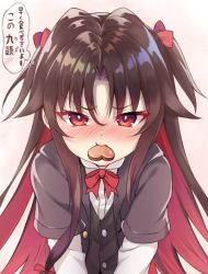 Rule 34 | 10s, 1girl, blush, bow, brown hair, candy, chocolate, chocolate heart, food, frown, hair bow, heart, layered sleeves, long hair, long sleeves, looking at viewer, mouth hold, multicolored hair, nose blush, parted bangs, red bow, red eyes, red hair, ryuuou no oshigoto!, short over long sleeves, short sleeves, solo, thought bubble, two-tone hair, two side up, v arms, valentine, very long hair, yashajin ai, yuunagi (0217)