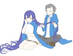 Rule 34 | 1boy, 1girl, amasawa keisuke, blue hair, digimon, digimon story: cyber sleuth hacker&#039;s memory, highres, long hair, looking at another, mishima erika, sitting, very long hair, whale, yellow eyes