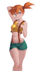 Rule 34 | 1girl, absurdres, arm up, blue eyes, breasts, cheshirrr, collarbone, commentary, creatures (company), crop top, eyelashes, game freak, green shorts, hair between eyes, hair tie, highres, knees, looking at viewer, midriff, misty (pokemon), navel, nintendo, no bra, orange hair, pokemon, pokemon (anime), pokemon (classic anime), short hair, shorts, side ponytail, simple background, smile, solo, suspenders, tank top, teeth, white background, yellow tank top