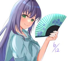 Rule 34 | 1girl, aqua neckerchief, breast pocket, breasts, closed mouth, commentary request, dated, dress, folding fan, green eyes, hand fan, hand up, hasu no sora school uniform, highres, holding, holding fan, ixianim, link! like! love live!, long hair, looking at viewer, looking to the side, love live!, medium breasts, neckerchief, otomune kozue, pleated dress, pocket, puffy short sleeves, puffy sleeves, purple hair, sailor collar, sailor dress, school uniform, short sleeves, sidelocks, simple background, smile, solo, split mouth, summer uniform, virtual youtuber, white background, white dress, white sailor collar
