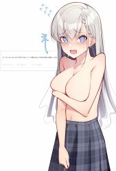 Rule 34 | 1girl, @ @, absurdres, asymmetrical bangs, blush, braid, braided bangs, breasts, cleavage, collarbone, commentary request, commission, covering privates, covering breasts, flying sweatdrops, grey hair, grey skirt, highres, hisakawa hayate, idolmaster, idolmaster cinderella girls, large breasts, long hair, looking at viewer, navel, nose blush, plaid, plaid skirt, pleated skirt, rfeulgen, skirt, solo, sweatdrop, topless, translation request, very long hair