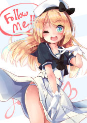Rule 34 | 1girl, blonde hair, blue eyes, blue sailor collar, clothes lift, cowboy shot, dress, dress lift, gloves, hat, jervis (kancolle), kantai collection, long hair, looking at viewer, nyahu (nyahu 77), open mouth, panties, pantyshot, sailor collar, sailor dress, sailor hat, short sleeves, simple background, smile, solo, underwear, white background, white dress, white gloves, white hat, white panties