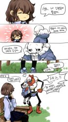 Rule 34 | 2boys, 5koma, :3, alternate costume, androgynous, armor, bad id, bad twitter id, bench, black sclera, blush, boots, brothers, brown hair, closed eyes, collared shirt, colored sclera, comic, frisk (undertale), grass, grin, highres, hood, hoodie, korean text, koyashaka, leggings, mittens, multiple boys, open mouth, papyrus (undertale), ribbon, sans (undertale), scarf, shirt, shoes, shorts, shouting, siblings, sitting, skeleton, skirt, skull, slippers, smile, speech bubble, surprised, suspenders, talking, teeth, translation request, turtleneck, undertale, white eyes
