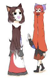 Rule 34 | 2girls, absurdres, animal ears, black eyes, black footwear, black hair, black sleeves, black vest, bow, cape, commentary request, dress, hand up, highres, imaizumi kagerou, long hair, long neck, long sleeves, looking at another, medium hair, multicolored clothes, multicolored dress, multiple girls, open mouth, peroponesosu., pleated skirt, purple bow, red cape, red eyes, red hair, red skirt, ribbon-trimmed sleeves, ribbon-trimmed vest, ribbon trim, sekibanki, simple background, skirt, standing, touhou, v-shaped eyebrows, vest, walking, waving arm, white background, wolf ears