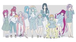 Rule 34 | 6+girls, :d, ;d, absurdly long hair, alternate costume, aqua hair, arms behind back, bad id, bad pixiv id, bag, beanie, blazer, blonde hair, blue eyes, blue hair, blunt bangs, braid, breasts, brown footwear, clenched hand, closed mouth, contrapposto, cousins, dress, drill hair, dunya mustashim, fashion, flat chest, front ponytail, full body, grey background, grey shirt, hair ornament, hair rings, hairband, hand in pocket, hand on own hip, hat, head tilt, high heels, highres, holding, holding clothes, holding hat, holding own hair, hood, hoodie, jacket, large breasts, leaning to the side, lineup, long hair, long sleeves, low-tied long hair, magi the labyrinth of magic, miniskirt, morgiana, multiple girls, myron alexius, noeunjung93, one eye closed, one side up, open mouth, pants, pants rolled up, pencil skirt, pink eyes, pink hair, pisti, platform footwear, pleated skirt, polka dot, polka dot shirt, red eyes, red hair, ren hakuei, ren kougyoku, scheherazade (magi), serendine dikumenowlz du parthevia, sheba (magi), shirt, shoes, short dress, short hair, short sleeves, shoulder bag, simple background, skirt, smile, sneakers, socks, standing, standing on one leg, sweater, swept bangs, tucking hair, turtleneck, twin braids, twin drills, unworn hat, unworn headwear, very long hair, wavy hair, white legwear, white pants, white shirt, white skirt, white sweater, yamuraiha