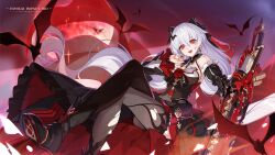 Rule 34 | 1girl, animal, bare shoulders, bat (animal), black dress, black sleeves, black thighhighs, chainsaw, chinese commentary, crossed legs, detached sleeves, dress, earrings, flower, full moon, hair between eyes, highres, holding, holding weapon, honkai (series), honkai impact 3rd, jewelry, long hair, looking at viewer, moon, nail polish, official art, official wallpaper, open mouth, red eyes, red flower, red moon, red rose, rose, solo, teeth, theresa apocalypse, theresa apocalypse (lunar vow: crimson love), thighhighs, torn clothes, upper teeth only, vampire, weapon, white hair