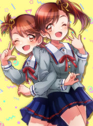 Rule 34 | 2girls, 81 (mellowry), ;d, blouse, blue skirt, blush, brown hair, collarbone, cowboy shot, crossed arms, futami ami, futami mami, grey shirt, hair ribbon, highres, idolmaster, idolmaster million live!, looking at viewer, multiple girls, one eye closed, open mouth, patterned background, pleated skirt, ribbon, school uniform, shirt, siblings, side ponytail, sisters, skirt, smile, twins, uniform series (idolmaster), w