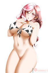 Rule 34 | 1girl, animal print, blush, bottomless, breasts, breasts out, brown eyes, brown hair, chinese zodiac, cleavage, cow girl, cow print, female focus, heterochromia, highres, horns, kimmy77, large breasts, long hair, looking at viewer, matching hair/eyes, multicolored hair, navel, neo politan, open mouth, patreon username, pink eyes, pink hair, rwby, solo, tail, thighs, two-tone hair, watermark, web address, year of the ox