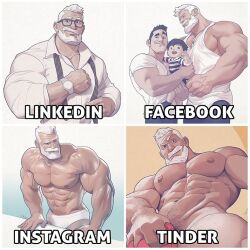 Rule 34 | 3boys, abs, bara, beard, child, covering crotch, covering privates, dolly parton challenge (meme), facebook, facial hair, family, from below, full beard, instagram, large pectorals, linkedin, male focus, male swimwear, mature male, meme, multiple boys, muscular, muscular male, necktie, nipples, old, old man, original, paid reward available, pectorals, raised eyebrow, salaryman, short hair, silverjow, sparse navel hair, swim briefs, tank top, thick beard, thick eyebrows, thick thighs, thighs, tinder, topless male, ulric (silverjow), undone necktie, undressing, upper body, wei (silverjow), white hair, white male swimwear, white tank top, yaoi
