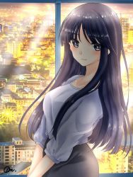 Rule 34 | 1girl, aquaplus, black eyes, black skirt, blush, breasts, city, city lights, cityscape, closed mouth, collarbone, from side, gradient eyes, hair over breasts, hair over one breast, hime cut, large breasts, long hair, long sleeves, looking at viewer, multicolored eyes, omomom, raised eyebrows, sidelocks, skirt, solo, standing, sweater, touma kazusa, upper body, very long hair, white album, white album (series), white album 2, window