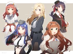 Rule 34 | 5girls, :d, ahoge, american flag, american flag print, ariake (kancolle), belt, belt buckle, beret, black belt, black gloves, black headwear, black jacket, black necktie, black skirt, blazer, blonde hair, blue eyes, blue hair, blue sailor collar, blunt bangs, blush, bomber jacket, breasts, brown hair, buckle, buttons, character name, closed mouth, collared shirt, crop top, elbow gloves, fingerless gloves, flag print, flower, gloves, gradient hair, green eyes, grey eyes, grey skirt, hat, hat flower, helena (kancolle), hiiragi souren, hornet (kancolle), jacket, juliet sleeves, kantai collection, large breasts, long hair, long sleeves, low ponytail, military, military uniform, multicolored hair, multiple girls, navel, necktie, open clothes, open jacket, open mouth, pantyhose, parted lips, pencil skirt, pleated skirt, puffy sleeves, purple eyes, purple hair, red hair, red necktie, red skirt, sailor collar, sailor hat, sailor shirt, shirt, short sleeves, skirt, sleeveless, sleeveless shirt, smile, south dakota (kancolle), south dakota kai (kancolle), star (symbol), star print, thighhighs, twitter username, uniform, wavy hair, white flower, white gloves, white hair, white headwear, white shirt, yashiro (kancolle), yellow eyes, yellow flower, zipper, zipper pull tab