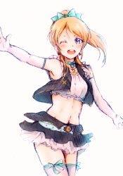 Rule 34 | 10s, 1girl, ;d, absurdres, ayase eli, bare shoulders, blonde hair, blue eyes, elbow gloves, gloves, highres, lilylion26, love live!, love live! school idol project, midriff, navel, no brand girls, one eye closed, open mouth, ponytail, skirt, smile, solo, thighhighs