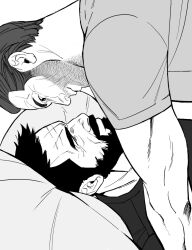 Rule 34 | 2boys, bara, beard stubble, bonjourdraws, character request, couple, eye contact, facial hair, foreplay, from side, greyscale, highres, imminent kiss, looking at another, lying, male focus, mature male, monochrome, multiple boys, muscular, muscular male, mustache, mustache stubble, neckbeard, on back, on bed, pillow, seductive smile, shirt, short hair, smile, stubble, t-shirt, thick eyebrows, thick mustache, upper body, wrinkled skin, yaoi