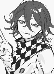 1boy bishounen black_hair buttons checkered_clothes checkered_scarf commentary crossed_bangs danganronpa_(series) danganronpa_v3:_killing_harmony eme_(r_os031) flipped_hair greyscale hair_between_eyes highres long_sleeves looking_at_viewer male_focus monochrome narrowed_eyes oma_kokichi scarf short_hair simple_background sketch smile solo tongue tongue_out twitter_username two-tone_scarf upper_body v white_background