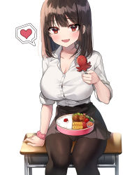 Rule 34 | 1girl, :d, absurdres, arm support, bento, black skirt, blush, breasts, brown pantyhose, churi (oxxchurixxo), cleavage, collarbone, collared shirt, commentary, desk, dress shirt, fang, feet out of frame, food, food art, heart, highres, holding, holding food, large breasts, long hair, looking at viewer, meat, on desk, open mouth, original, pantyhose, pleated skirt, red eyes, revision, rice, school desk, school uniform, scrunchie, shirt, shirt tucked in, simple background, sitting, on desk, skin fang, skirt, smile, solo, spoken heart, tako-san wiener, white background, white shirt, wrist scrunchie