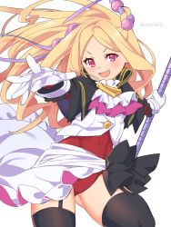 Rule 34 | 1girl, 4rion, absurdres, ascot, black bow, black jacket, black thighhighs, blonde hair, blush, bow, closed mouth, flats, floating hair, forehead, garter straps, gloves, hair ornament, highres, holding, holding polearm, holding staff, holding weapon, jacket, leotard, leotard under clothes, long hair, long sleeves, looking at viewer, ludens (mahoutsukai reimeiki), mahoutsukai reimeiki, parted bangs, polearm, purple eyes, reaching, reaching towards viewer, red bow, red leotard, roux christasse, shoes, simple background, skirt, smile, solo, staff, straight hair, thick thighs, thighhighs, thighs, twitter username, two-sided fabric, two-sided skirt, v-shaped eyebrows, weapon, white background, white gloves, white skirt