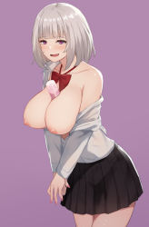 Rule 34 | 1girl, black skirt, blush, bow, breasts, grey hair, gyaru, highres, kogal, kurowan, large breasts, long sleeves, looking at viewer, nipples, object on breast, open clothes, open mouth, open shirt, original, purple background, purple eyes, red bow, school uniform, shirt, short hair, simple background, skirt, solo, white shirt