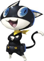 Rule 34 | 10s, animal ears, blue eyes, cat, cat ears, cat tail, crossed arms, fang, full body, lowres, morgana (persona 5), no humans, official art, persona, persona 5, scarf, simple background, solo, tail