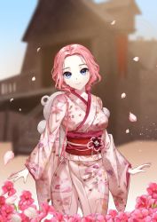 Rule 34 | 1girl, absurdres, arms at sides, blue eyes, blurry, blurry background, breasts, closed mouth, commission, day, depth of field, floral print, flower, highres, japanese clothes, kimono, looking at viewer, obi, obiage, original, outdoors, petals, pink flower, pink hair, pink kimono, sash, short hair, smile, solo, standing, wide sleeves, yukata, zetto (zet)