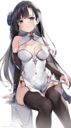 Rule 34 | 1girl, bare shoulders, black hair, black sleeves, black thighhighs, blue eyes, breasts, breasts apart, china dress, chinese clothes, covered navel, detached sleeves, dress, flower, gold trim, hair flower, hair ornament, highres, invisible chair, karory, large breasts, long hair, long sleeves, looking at viewer, original, panties, parted lips, pelvic curtain, pulling own clothes, side-tie panties, side-tie peek, simple background, sitting, skindentation, sleeveless, sleeveless dress, solo, string panties, tassel, thighhighs, thighhighs pull, thighs, underwear, very long hair, white background, white dress