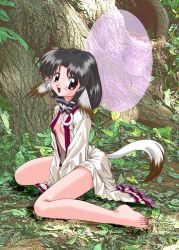 Rule 34 | 1girl, ainu clothes, animal ears, aquaplus, bare legs, barefoot, black hair, breasts, brown eyes, cleavage, dress, eruruu, from side, full body, hair ornament, hands between legs, kazunakei, leaf, long hair, looking at viewer, midriff, open clothes, open dress, open mouth, outdoors, parted bangs, sidelocks, sitting, small breasts, solo, tail, thighs, tree, utawarerumono