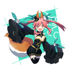 Rule 34 | 10s, 1girl, :d, animal ears, bare shoulders, bow, detached sleeves, fang, fate/extra, fate/extra ccc, fate (series), flower, fox ears, fox tail, hair bow, hair ribbon, hat, mini hat, mini top hat, official alternate costume, open mouth, pandasiro, pink hair, ribbon, rose, sleeves past wrists, smile, solo, tail, tamamo no mae (fate/extra), tamamo no mae (sable mage) (fate), thighhighs, top hat, twintails, white flower, white rose, yellow eyes