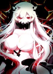Rule 34 | 10s, 1girl, abyssal ship, breasts, cleavage, collarbone, colored skin, covered mouth, dress, gradient background, horns, huge breasts, kantai collection, kimura shiki, long hair, looking at viewer, midway princess, red eyes, solo, twitter username, upper body, very long hair, white dress, white hair, white skin