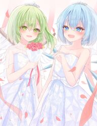 2girls alternate_costume bare_shoulders blue_eyes blue_hair blush bouquet cirno commentary_request commission daiyousei dress female_focus flower green_eyes green_hair highres holding holding_bouquet ice ice_wings jewelry korira matching_hair/eyes multiple_girls open_mouth red_flower red_rose ring rose short_hair skeb_commission smile strapless strapless_dress tiara touhou wedding_dress wedding_ring white_dress wife_and_wife wings yuri