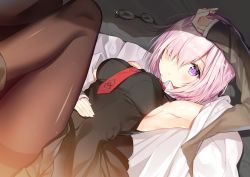 Rule 34 | 1girl, arm up, armpits, bare shoulders, bed sheet, black pantyhose, blush, breasts, unworn eyewear, fate/grand order, fate (series), glasses, glint, hair over one eye, hand on forehead, hand on own stomach, legs up, looking at viewer, lying, mash kyrielight, medium breasts, necktie, necomi, on back, pantyhose, purple eyes, purple hair, red necktie, short hair, sideboob, skirt, solo, thighband pantyhose