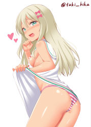 Rule 34 | 1girl, blonde hair, blush, bow, breasts, cowboy shot, dress, grecale (kancolle), green eyes, hair bow, heart, kantai collection, long hair, open mouth, panties, pink bow, sailor collar, simple background, sleeveless, sleeveless dress, small breasts, solo, striped clothes, striped panties, tokyo yamane, twitter username, underwear, white background, white dress, white sailor collar