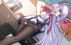 Rule 34 | 10s, 1girl, black pantyhose, clothes lift, convenient censoring, crotch seam, desk, dress, dress lift, dutch angle, gloves, hair ribbon, headgear, jewelry, kantai collection, long hair, looking at viewer, map, multicolored clothes, multicolored gloves, murakumo (kancolle), murakumo kai ni (kancolle), necktie, orange eyes, panties, panties under pantyhose, pantyhose, petals, red necktie, ribbon, ring, shishen, short dress, sidelocks, silver hair, smile, solo, thighband pantyhose, tress ribbon, underwear, very long hair, wedding band