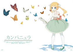 Rule 34 | 1girl, :o, animal, blonde hair, blue eyes, blush, bug, butterfly, collared shirt, commentary request, flower, green footwear, green skirt, hair flower, hair ornament, highres, holding, insect, lily of the valley, long hair, long sleeves, mary janes, original, pantyhose, parted lips, pigeon-toed, shirt, shoes, skirt, solo, standing, surio, twintails, white background, white flower, white pantyhose, white shirt