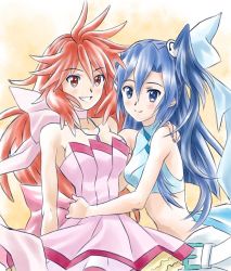 Rule 34 | 2girls, amou kanade, bad id, bad twitter id, blue eyes, blue hair, breasts, closed mouth, commentary request, dress, kazanari tsubasa, link (aa30), long hair, multiple girls, one side up, open mouth, red eyes, red hair, senki zesshou symphogear, smile