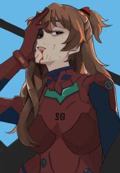 Rule 34 | 1girl, black eyes, blood, blood on face, blue background, bodysuit, brown hair, cosplay, hand on own face, highres, interface headset, kiki glitter cosplay, looking to the side, neon genesis evangelion, pilot suit, plugsuit, red bodysuit, solo, souryuu asuka langley, souryuu asuka langley (cosplay), tsundere, twintails, upper body, wani (perfect han)