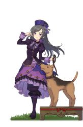 Rule 34 | 1girl, black footwear, blue hat, boots, dress, frilled dress, frills, full body, grass, grey hair, hand up, hat, highres, knee boots, leash, long hair, looking at viewer, official art, platform, princess principal, princess principal game of mission, purple dress, purple eyes, purple footwear, purple legwear, shoes, smile, solo, sophie mackenzie, standing, transparent background