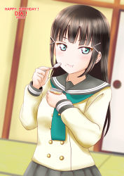 Rule 34 | 1girl, aqua eyes, artist name, artist request, black hair, blunt bangs, blush, breasts, buttons, close-up, collarbone, eating, female focus, green eyes, green neckerchief, green necktie, grey sailor collar, grey skirt, hair ornament, hairclip, highres, holding, holding spoon, indoors, kurosawa dia, layered skirt, long hair, long sleeves, looking at viewer, love live!, love live! sunshine!!, miniskirt, mole, mole under mouth, neckerchief, necktie, parted lips, pink lips, plaid, plaid skirt, pleated, pleated skirt, sailor collar, school uniform, skirt, small breasts, smile, solo, spoon, sweater, tie clip, uranohoshi school uniform, yellow sweater
