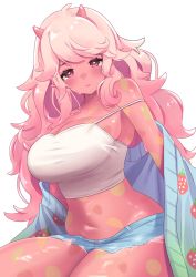 Rule 34 | 1girl, berry gellatina, blush, breasts, cardigan, colored skin, commission, food print, heart, heart-shaped pupils, horns, indie virtual youtuber, large breasts, long hair, looking at viewer, monster girl, pink eyes, pink hair, pink skin, pointy ears, sentouryoku 5, short shorts, shorts, skeb commission, slime girl, solo, strawberry print, symbol-shaped pupils, tank top, virtual youtuber, wavy hair