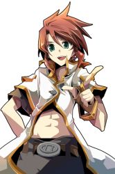 Rule 34 | 00s, 1boy, belt, coat, fruit punch, gloves, green eyes, luke fon fabre, male focus, midriff, pants, pointing, red hair, simple background, smile, solo, tales of (series), tales of the abyss, transparent background
