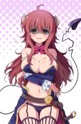 Rule 34 | 1girl, absurdres, ahoge, arm behind head, arms under breasts, belt, belt buckle, black panties, blush, bow, breast hold, breasts, buckle, cleavage, commentary, crisis management form (machimazo), curled horns, demon girl, demon horns, demon tail, detached sleeves, disgust, eggman (pixiv28975023), embarrassed, expressive tail, flying sweatdrops, garter belt, gluteal fold, highres, horns, large breasts, long hair, looking at viewer, machikado mazoku, navel, necktie, panties, pink necktie, polka dot, polka dot background, red eyes, red hair, revision, scared, shaded face, simple background, solo, standing, stomach, straight-on, sweatdrop, tail, thigh gap, underwear, wavy mouth, white background, yoshida yuuko (machikado mazoku)