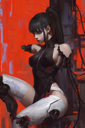 Rule 34 | 1girl, absurdres, battle damage, black dress, black hair, blunt bangs, blunt ends, blunt sidelocks, breasts, character name, china dress, chinese clothes, closed mouth, cyborg, damaged, dress, earrings, high ponytail, highres, jewelry, long hair, mechanical legs, mechanical parts, missing limb, no bra, no pants, no pupils, original, painterly, red background, red lips, science fiction, sideboob, simple background, sitting, sleeveless, sleeveless dress, small breasts, solo, straight hair, stud earrings, turtleneck, turtleneck dress, wodeipoi