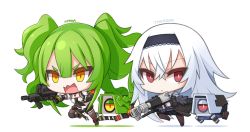 Rule 34 | 2girls, calico light weapons systems, calico m950, calico m950a, cheek pistol, chibi, dinergate (girls&#039; frontline), double-stack magazine, girls&#039; frontline, green hair, gun, handgun, helical magazine, high-capacity magazine, holding, holding weapon, long hair, m950a (girls&#039; frontline), machine pistol, multiple girls, muzzle device, pistol, prototype design, ran system, red eyes, rifle-caliber handgun, rifle-caliber pistol, simple background, stubby grip, thunder (girls&#039; frontline), triple action, triple action thunder, tsurime, twintails, vertical forward grip, weapon, white background, white hair, yellow eyes