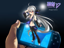 Rule 34 | 1girl, ahoge, blouse, caffein, detached sleeves, grey shirt, handheld game console, headphones, long hair, midriff, mini person, minigirl, playstation portable, ponytail, project diva, project diva (series), red eyes, ribbon, shirt, silver hair, solo, solo focus, vocaloid, yowane haku